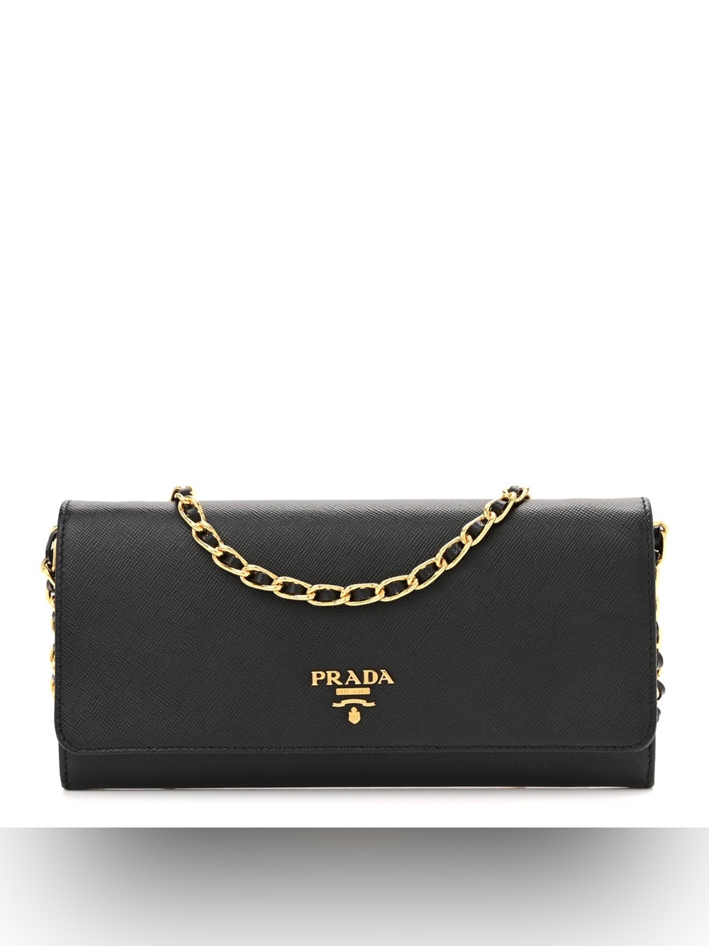 Prada Black Leather Clutch with Gold Chain